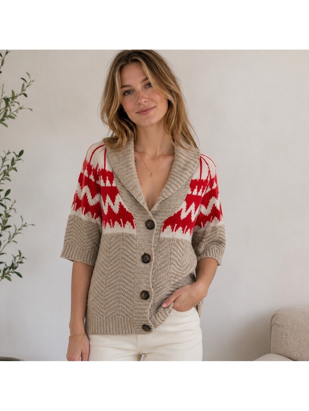 Vintage Y2K Fair Isle Argyle Chunky Knit Cardigan Sweater Womens S Red Beige